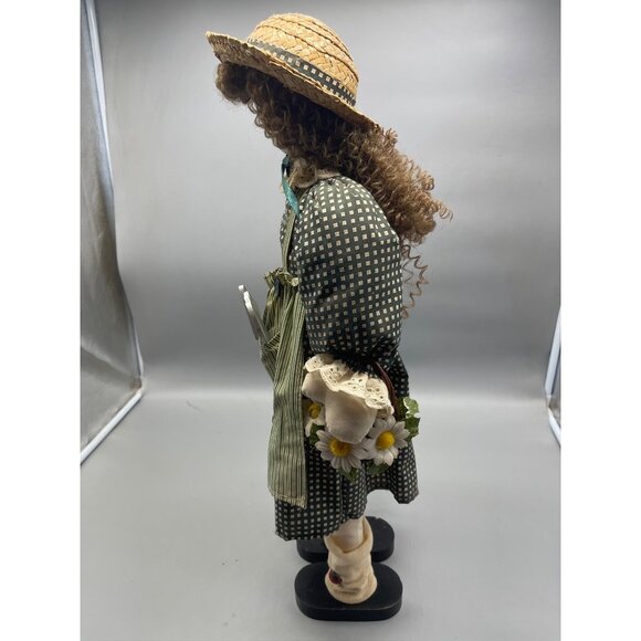 vintage doll country plaid stray hat flowers apron green striped stand 22" READ - Picture 3 of 9